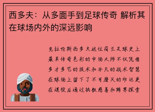 西多夫：从多面手到足球传奇 解析其在球场内外的深远影响